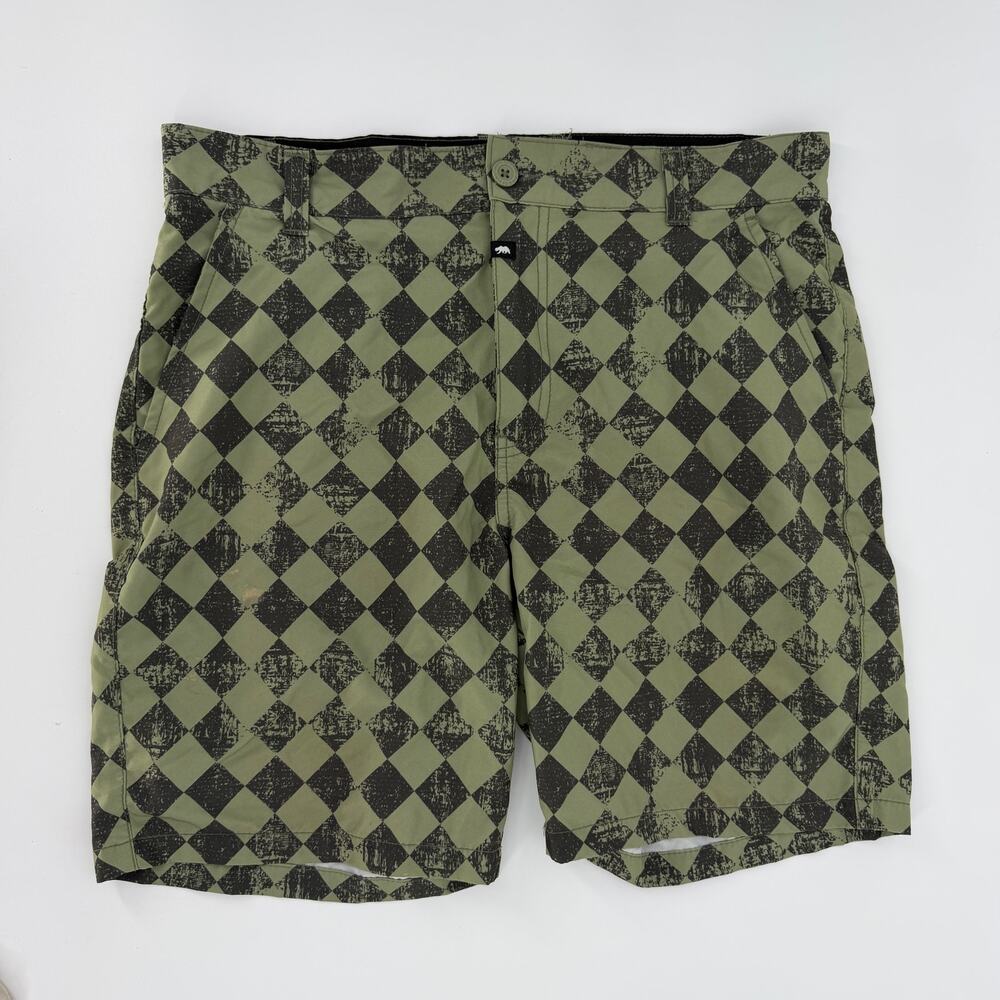 Ring Of Fire‎ Board Shorts Trunks 34 Olive Checkerboard Pattern 8" Inseam Men's